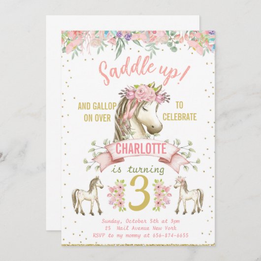 Little Horse Pony Cowgirl Verjaardagsuitnodiging Kaart (Voorkant / Achterkant)