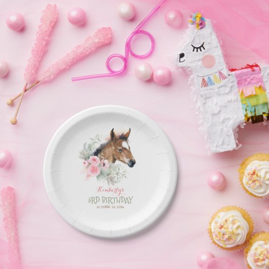 Little Horse Schattige Roze Bloemen Verjaardag Papieren Bordje (Feest)