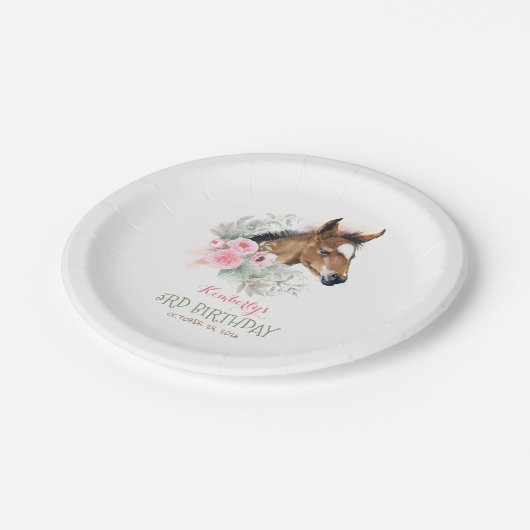 Little Horse Schattige Roze Bloemen Verjaardag Papieren Bordje (Gekanteld)