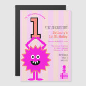 Little Hot Roze Monster Meisje 1e Verjaardag Schat Magnetische Uitnodiging (Voorkant / Achterkant)