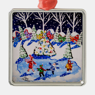 Little Ice Skaters Fun Winter Folk Art Ornament