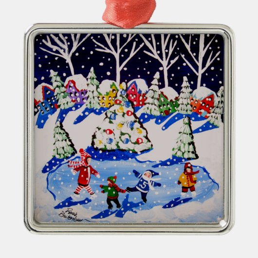 Little Ice Skaters Fun Winter Folk Art Ornament (Voorkant)