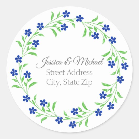 Little Indigo Blue Waterverf Flowers Wreate Ronde Sticker (Voorkant)