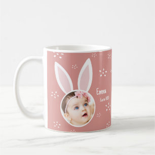 Little Kind Photo w/ Bunny Ears + Name Easter Pink Koffiemok