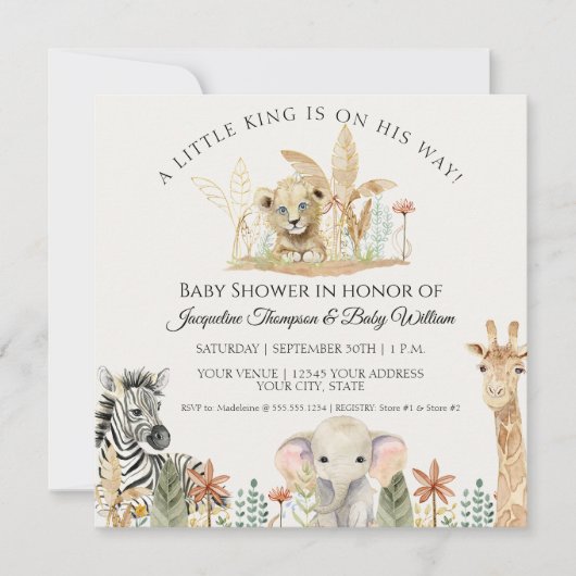 Little King Lion Zebra Giraffe Square Baby shower Kaart (Voorkant)