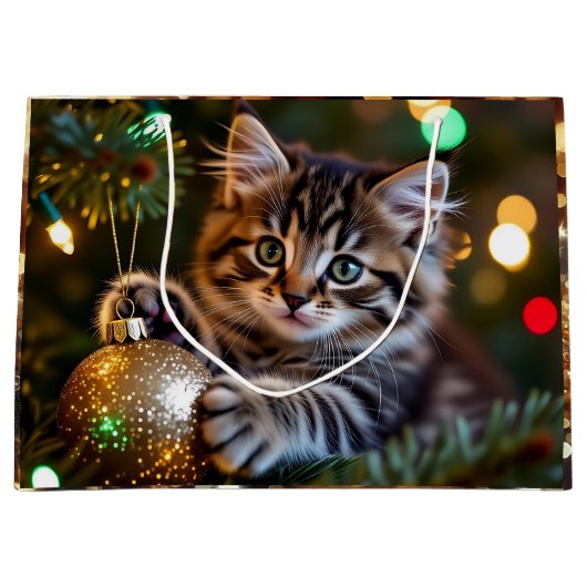 Little Kitten on Christmas Tree Groot Cadeauzakje (Voorkant)