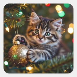 Little Kitten on Christmas Tree Vierkante Sticker
