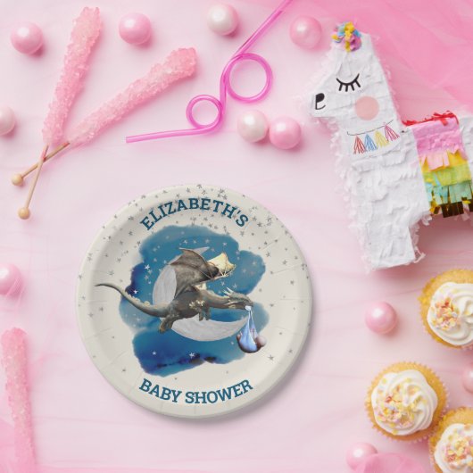 Little Knight Dragon Silver Star Baby shower Papieren Bordje (Feest)