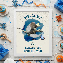 Little Knight Dragon Silver Star Baby shower Poster