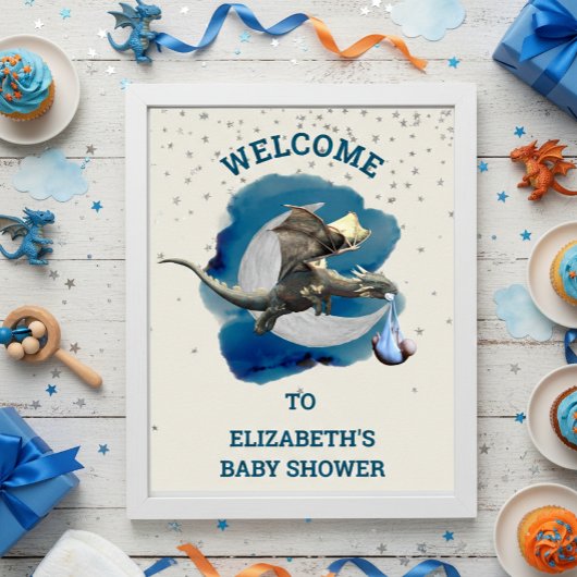 Little Knight Dragon Silver Star Baby shower Poster