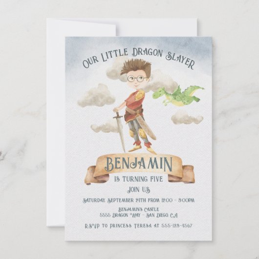 Little Knight Dragon Slayer Fairytale Birthday Inv Kaart (Voorkant)