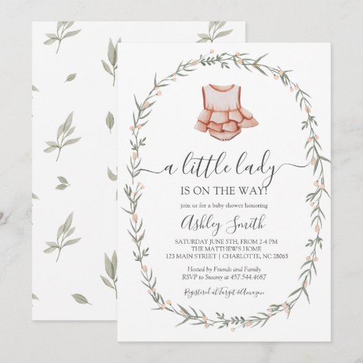 Little Lady Baby shower Invitation, Baby jurk Kaart (Voorkant / Achterkant)