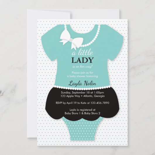Little Lady Baby shower Invitation, Blauw, Parels Kaart (Voorkant)