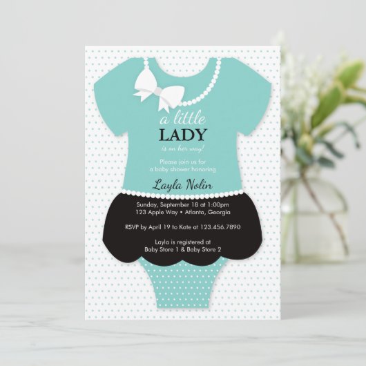 Little Lady Baby shower Invitation, Blauw, Parels Kaart (Staand voorkant)