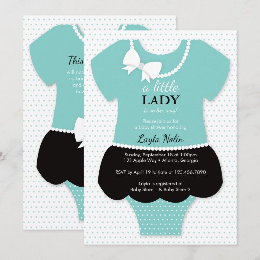 Little Lady Baby shower Invitation, Blauw, Parels Kaart (Voorkant / Achterkant)