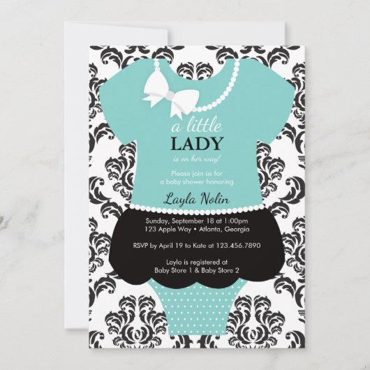 Little Lady Baby shower Invitation, Blauw, Parels Kaart (Voorkant)