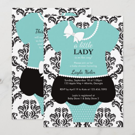 Little Lady Baby shower Invitation, Blauw, Parels Kaart (Voorkant / Achterkant)