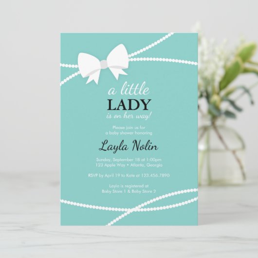 Little Lady Baby shower Invitation, Blauw, Parels Kaart (Staand voorkant)