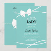 Little Lady Baby shower Invitation, Blauw, Parels Kaart (Voorkant / Achterkant)