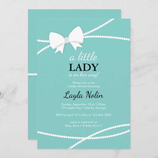 Little Lady Baby shower Invitation, Blauw, Parels Kaart (Voorkant / Achterkant)