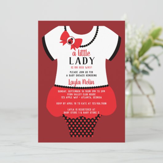 Little Lady Baby shower Invitation, lieveheersbees Kaart (Staand voorkant)