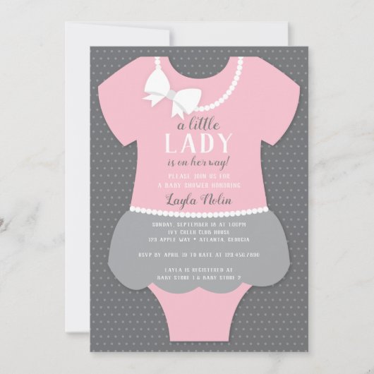 Little Lady Baby shower Invitation, roze, grijs Kaart (Voorkant)