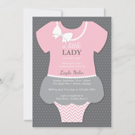 Little Lady Baby shower Invitation, Roze, Parels Kaart (Voorkant)