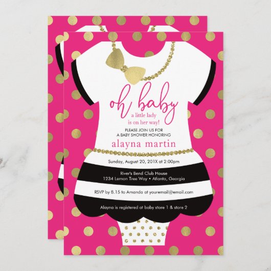 Little Lady Baby shower uitnodigen, faux glitter / Kaart (Voorkant / Achterkant)