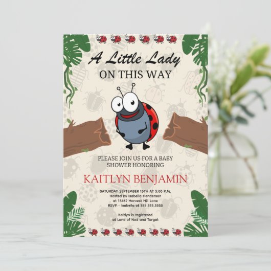 Little Lady Ladybug Girl Baby shower Invitation Kaart (Staand voorkant)