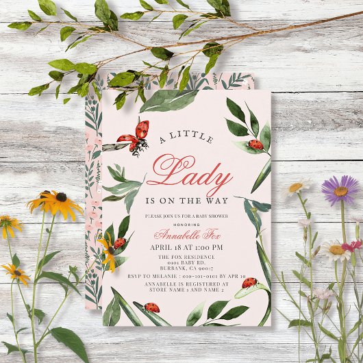 Little Lady Ladybug & Leaves Girl Baby shower Kaart
