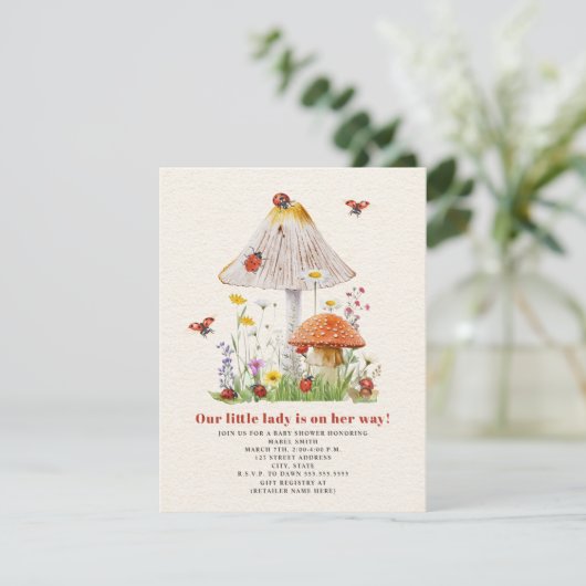 Little Lady Ladybug Mushroom Flowers Baby shower Kaart (Staand voorkant)