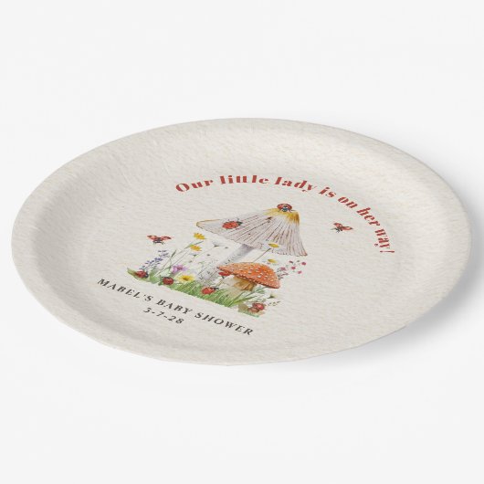 Little Lady Ladybug Mushroom Flowers Baby shower Papieren Bordje (Gekanteld)