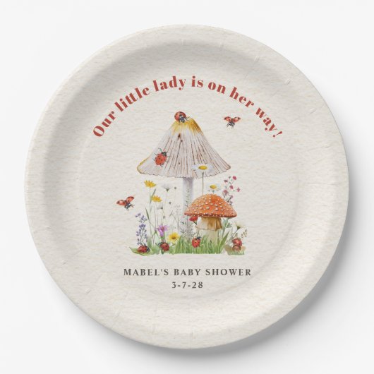 Little Lady Ladybug Mushroom Flowers Baby shower Papieren Bordje (Voorkant)