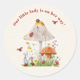 Little Lady Ladybug Mushroom Flowers Baby shower Ronde Sticker