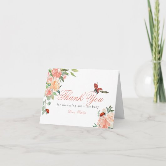 Little Lady Ladybug Roses Baby Shower Bedankkaart (Voorkant)