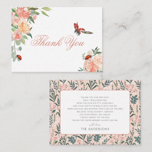 Little Lady Ladybug Roses Baby Shower Thank You Notitiekaartje (Voorkant / Achterkant)