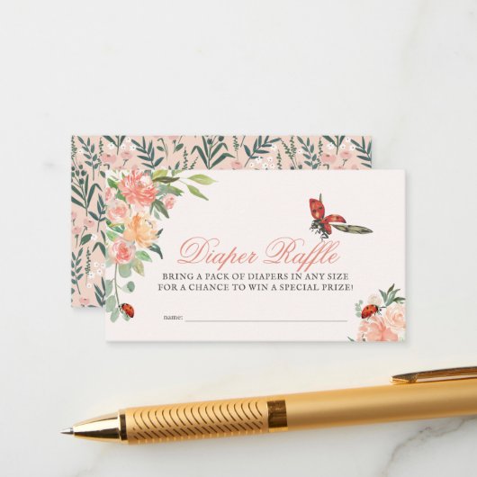 Little Lady Ladybug Roses Diaper Raffle Ticket Informatiekaartje (Voorkant / Achterkant in situ)