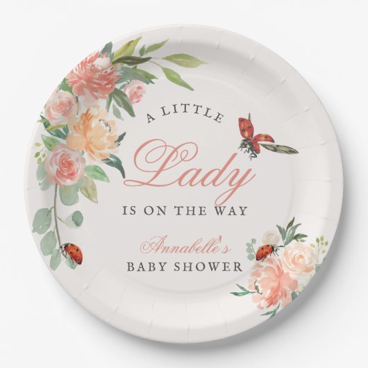 Little Lady Ladybug Roses Girl Baby Shower Papieren Bordje (Voorkant)