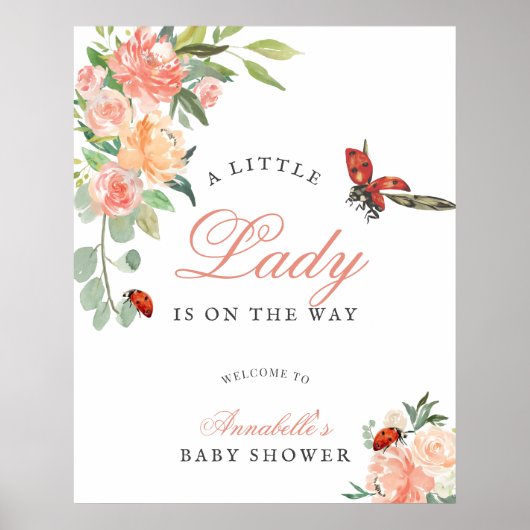 Little Lady Ladybug Roses Girl Baby Shower Welcome Poster (Voorkant)