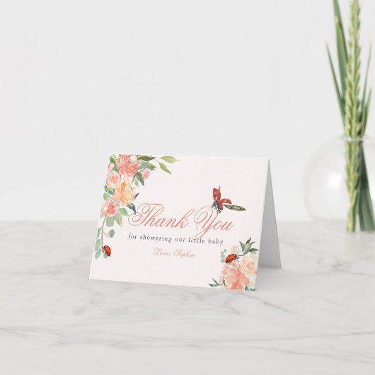 Little Lady Ladybug Roses Pink Baby Shower Bedankkaart (Voorkant)