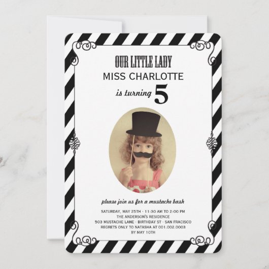 Little Lady Mustache Bash Birthday Photo Invite Kaart (Voorkant)