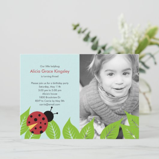 Little Ladybug Birthday Party Photo Invitation Kaart (Staand voorkant)