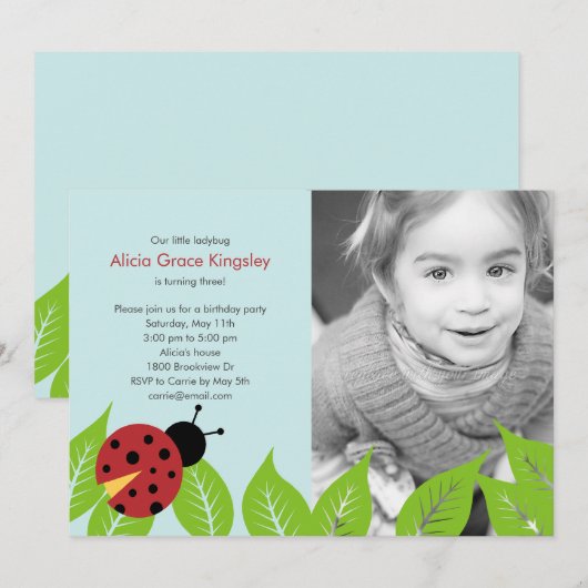 Little Ladybug Birthday Party Photo Invitation Kaart (Voorkant / Achterkant)
