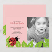 Little Ladybug Birthday Photo Invitation - Roze Kaart (Voorkant / Achterkant)