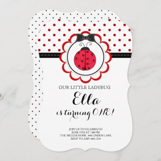 Little Ladybug First Birthday Party Invitation Kaart (Voorkant / Achterkant)
