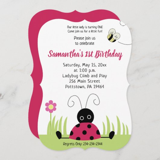 Little Ladybug Girl Birthday Invitation Die Cut Kaart (Voorkant / Achterkant)