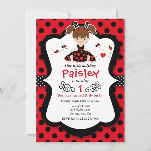 Little Ladybug Girl Red Birthday Party Invitation Kaart (Voorkant)