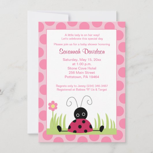 Little Ladybug Pink Dot Baby shower Invitation Kaart (Voorkant)