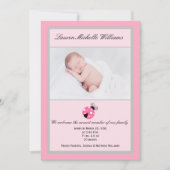 Little Ladybug Pink Grey Baby Girl Foto geboorte Aankondiging (Voorkant)
