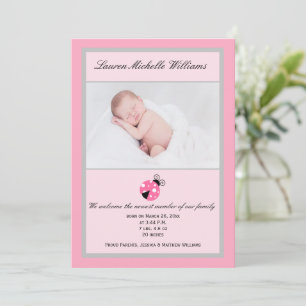 Little Ladybug Pink Grey Baby Girl Foto geboorte Aankondiging